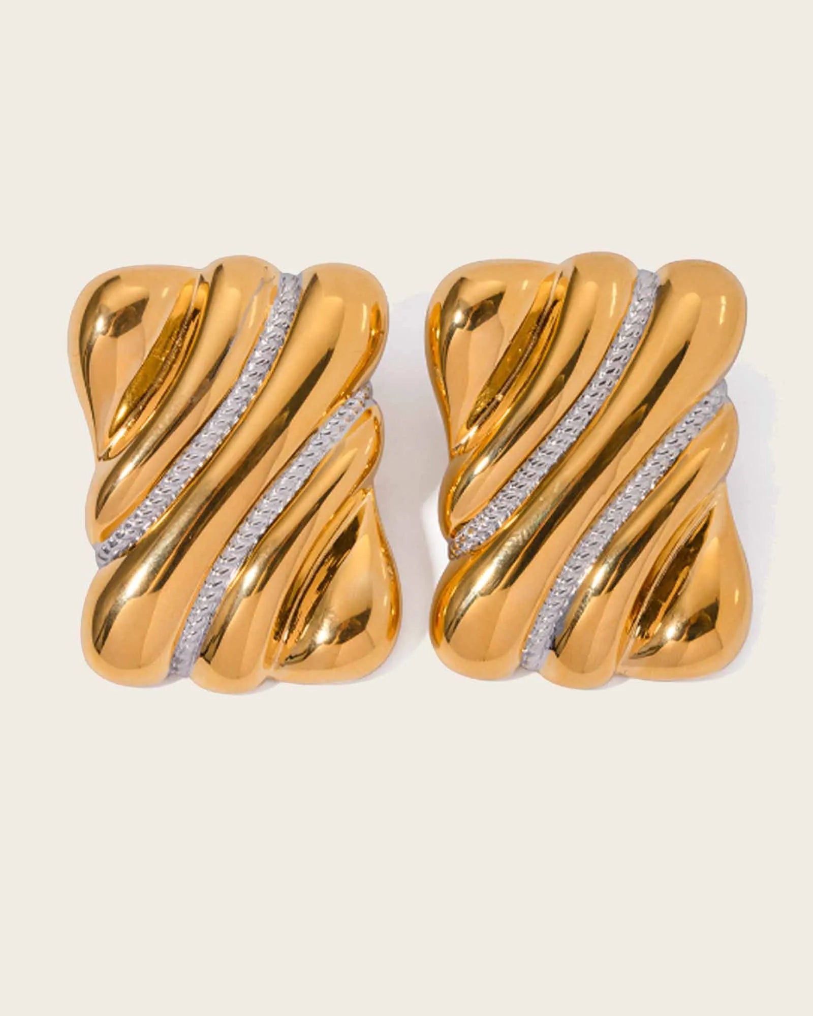 Twisted Design 18K Gold Plated Stainless Steel Earrings with Diamond Accent Stripes,