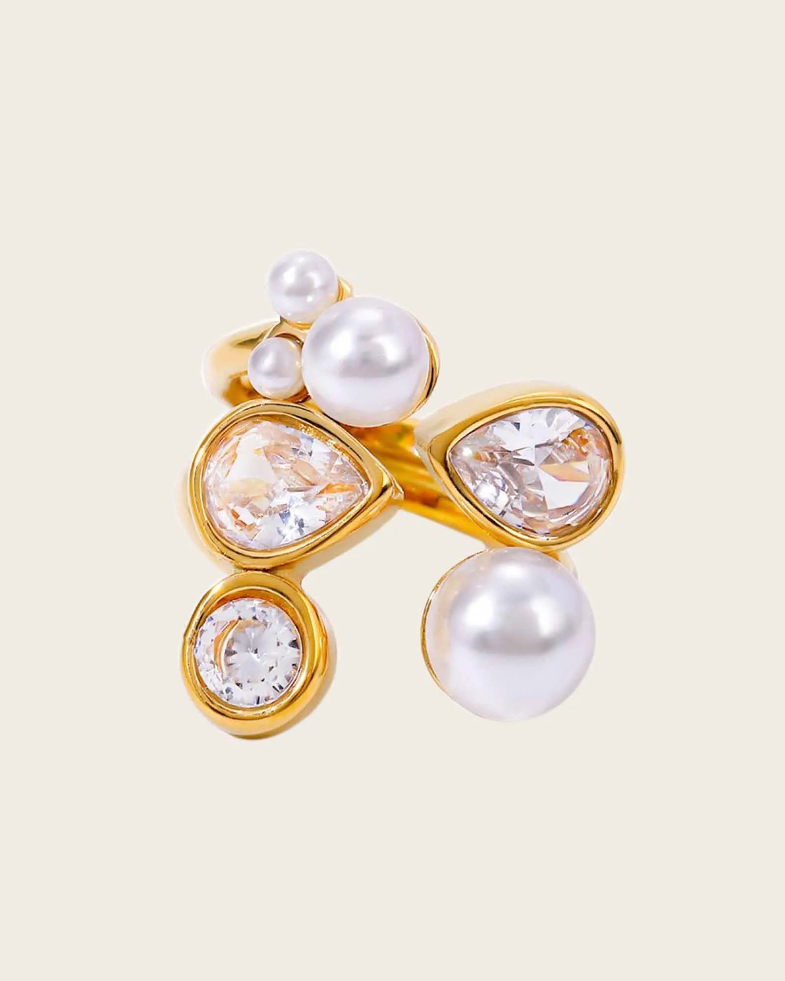 18K Gold Plated Stainless Steel, Elegant Pearl and Crystal Statement Ring, Adjustable Kaaf Creations