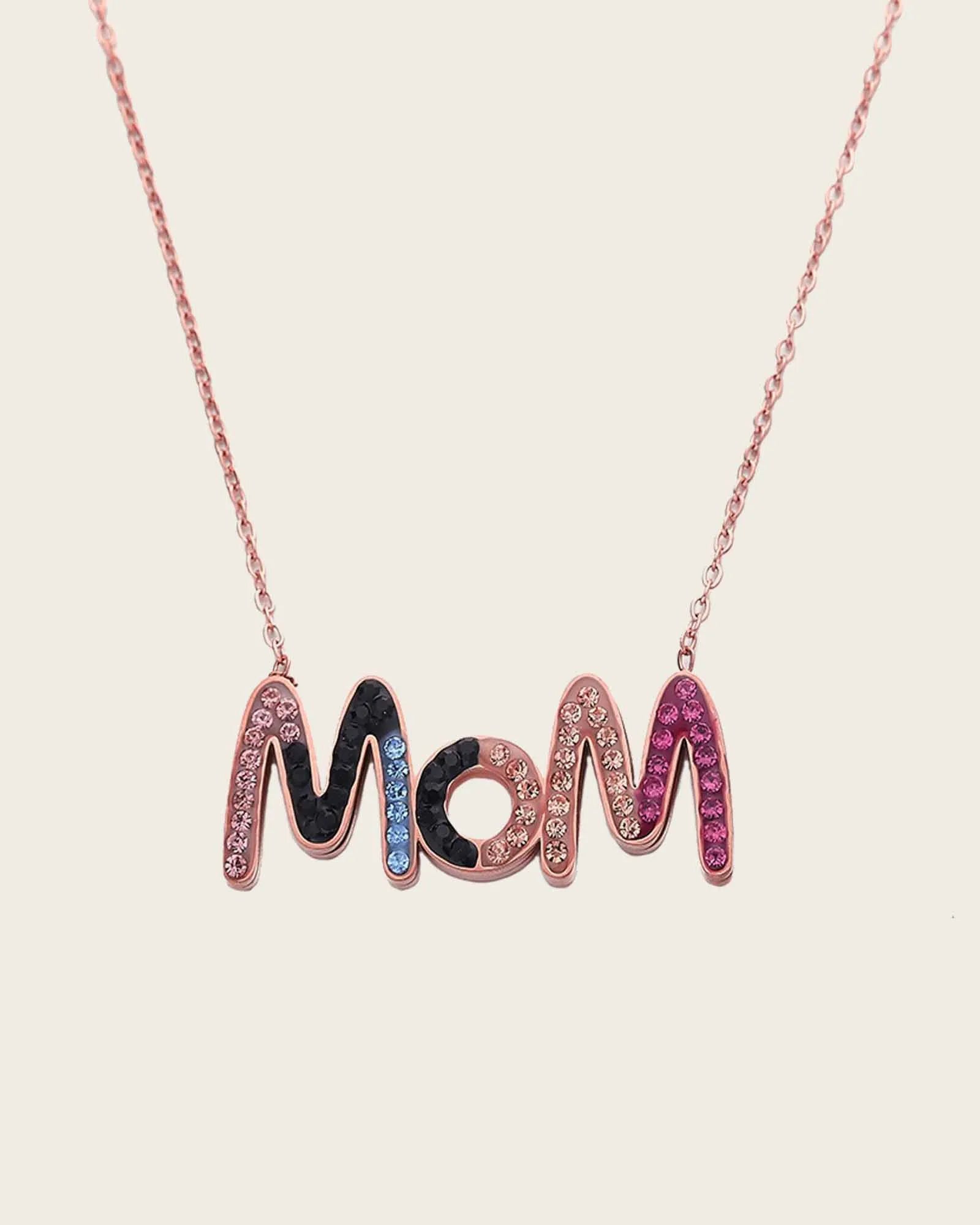 CZ Crystal Mom Choke Necklace, Rose Gold Plated Chain, Multi-Color Pendant, 42 cm + 5 cm Extension