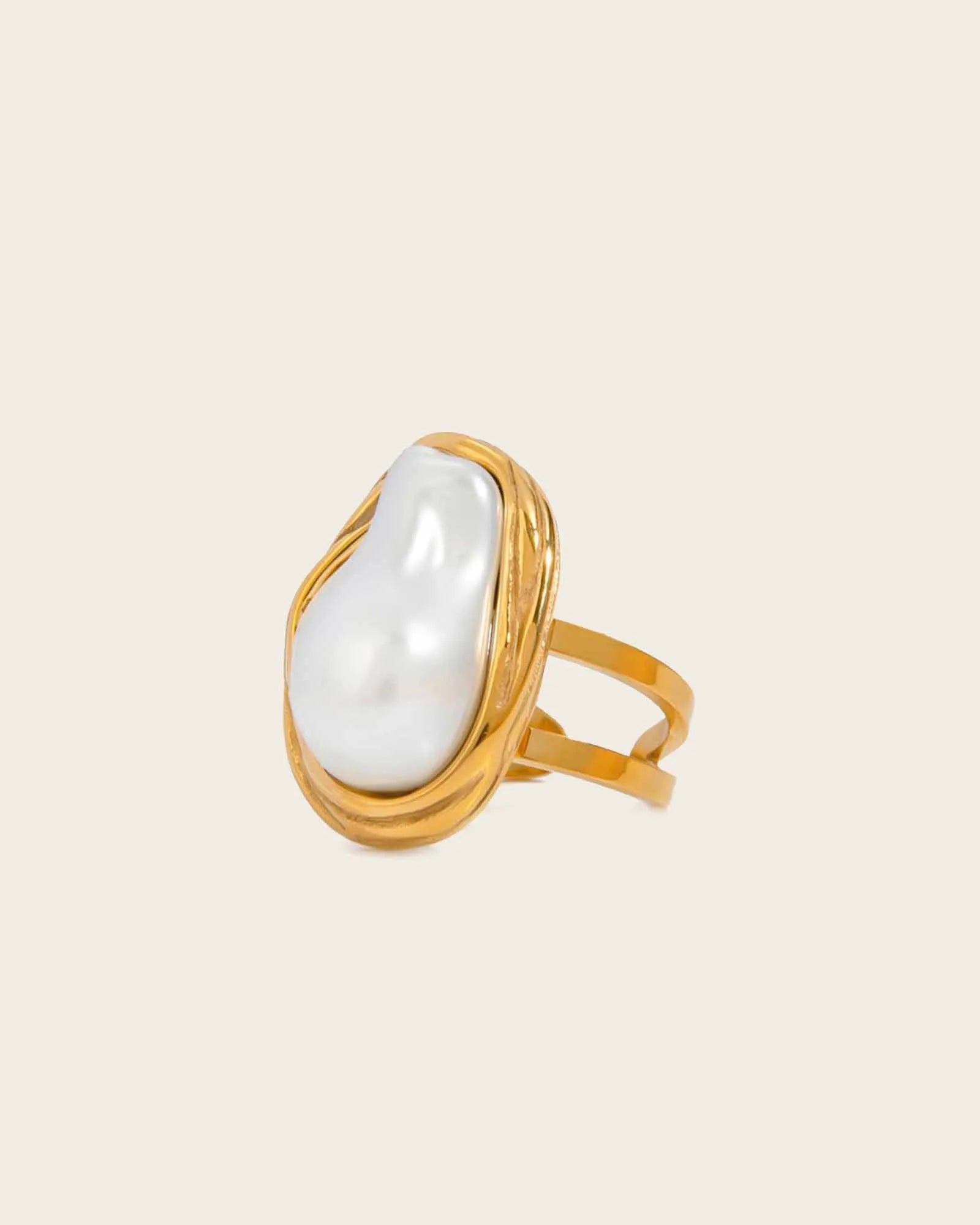 18K Gold Plated Stainless Steel, Baroque Pearl Statement Ring, Size Adjustable best for gift