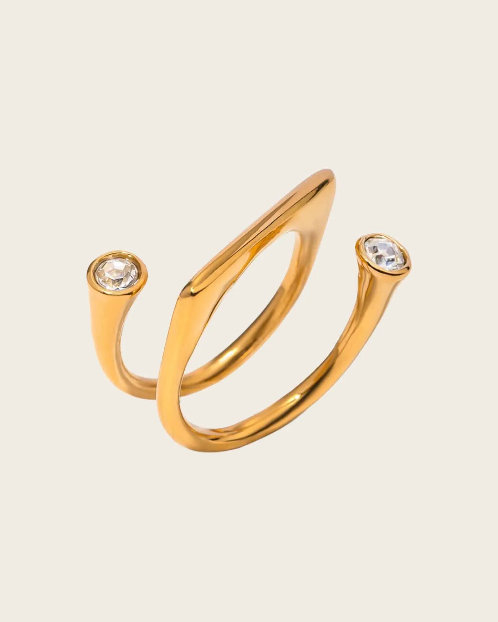 18K Gold Plated Stainless Steel, Spiral Crystal Statement Ring, Double Stone Design Search this page