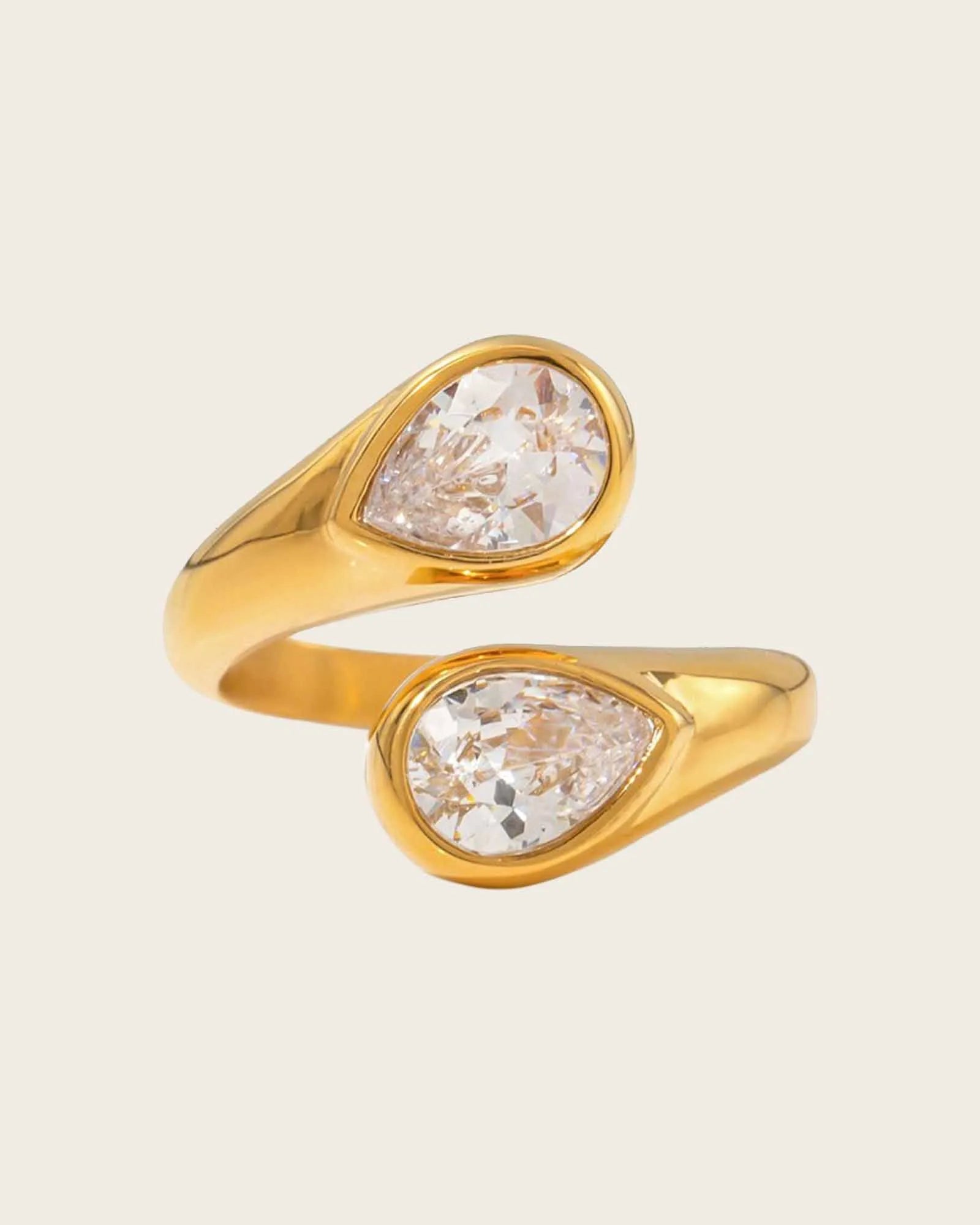 18K Gold Plated Stainless Steel, Double Crystal Teardrop Ring, Adjustable