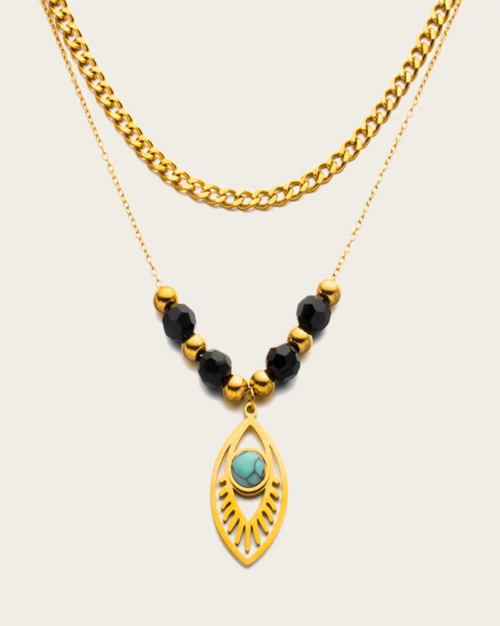 Double Layer Necklace, 18k Gold Plated Stainless Steel, 39+5 cm, Evil eye Turquoise Pendant with Black and gold plated Beads Kaaf Creations