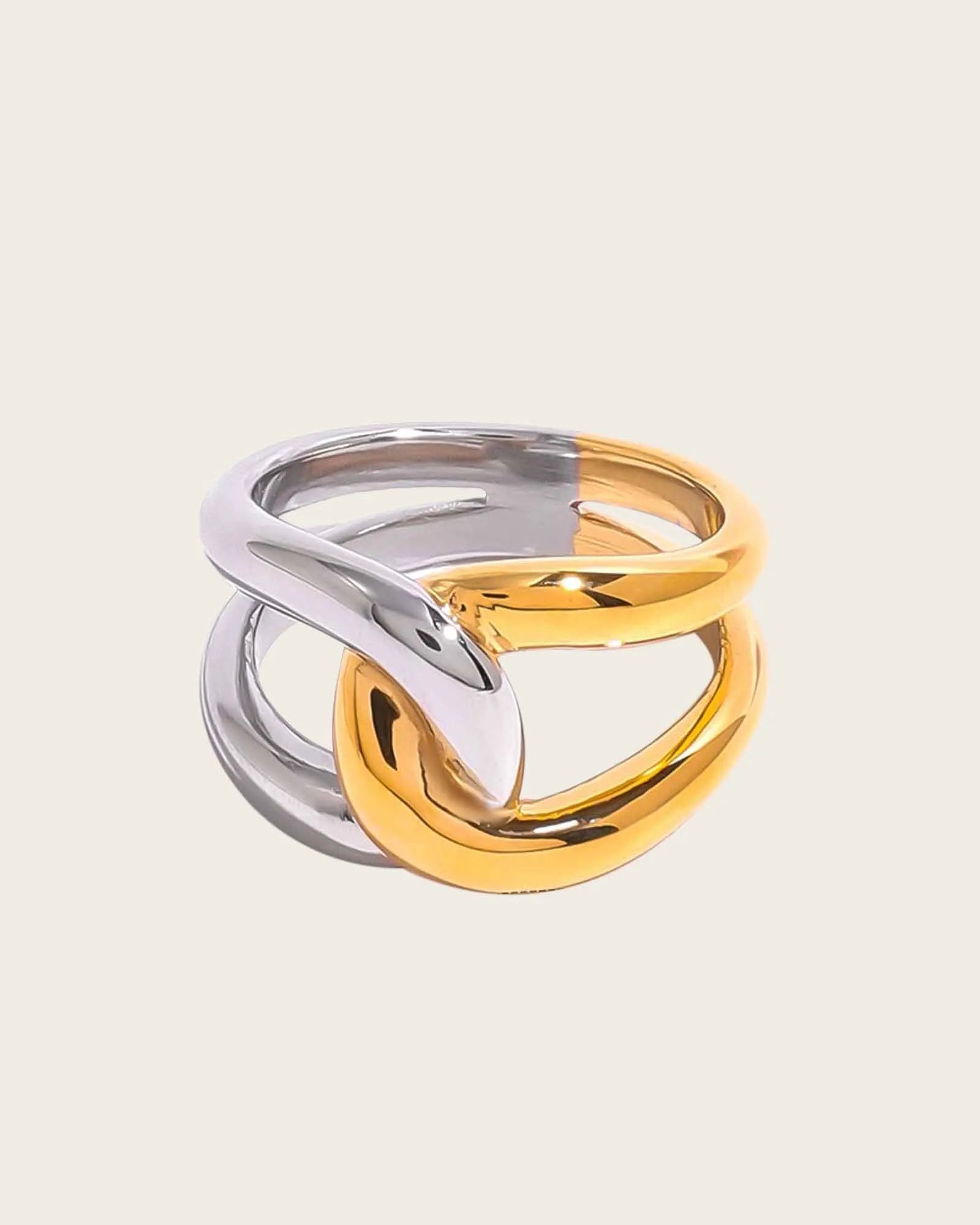 Two-Tone Statement Ring, 18K Gold Plated and Silver, Stainless Steel (size-6,7,8)