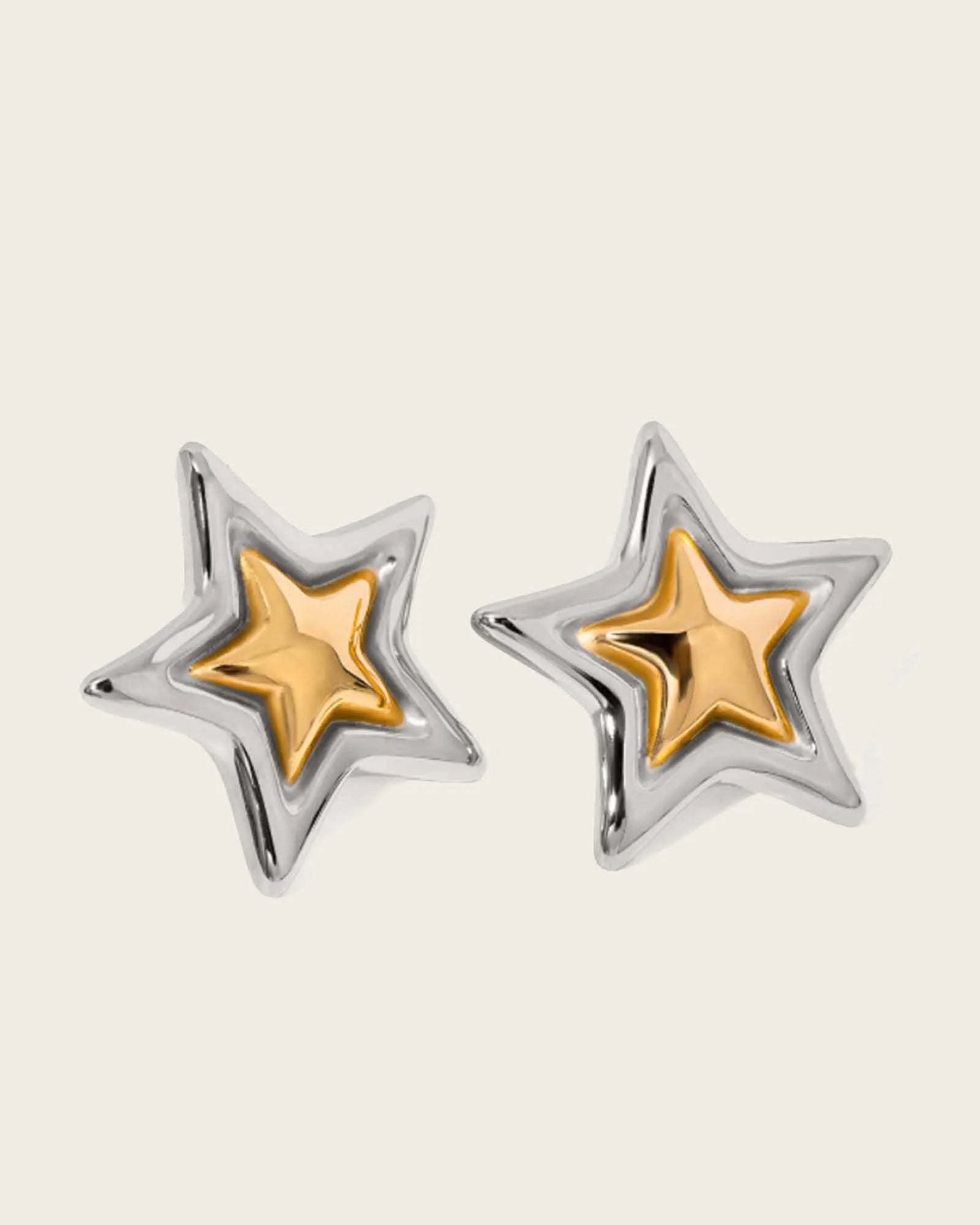 Two-Tone Star Stud Earrings, 18K Gold Plated Stainless Steel, Silver and Gold color.