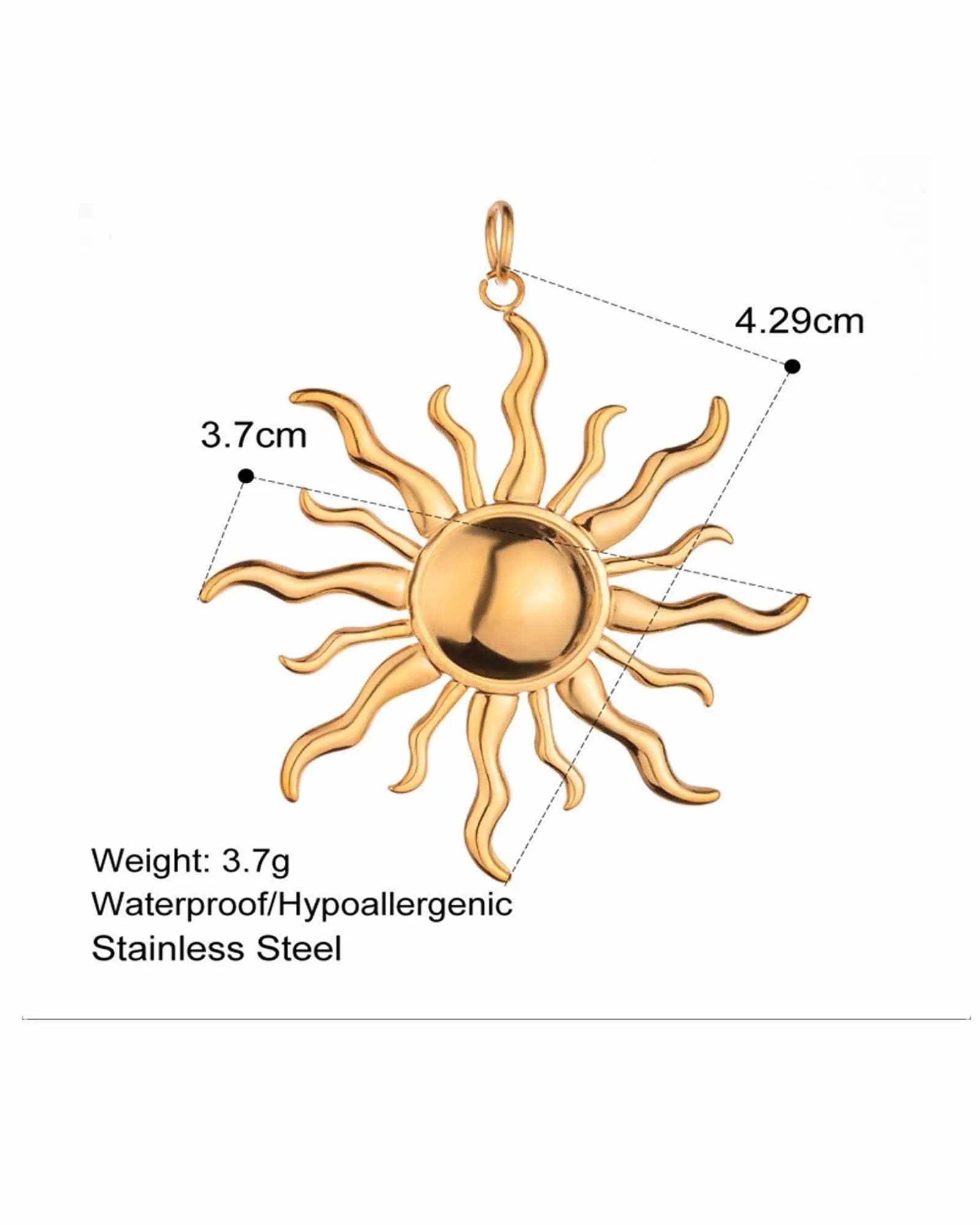 Sun Pendant Charm, 18K Gold Plated Stainless Steel, Wavy Rays Design