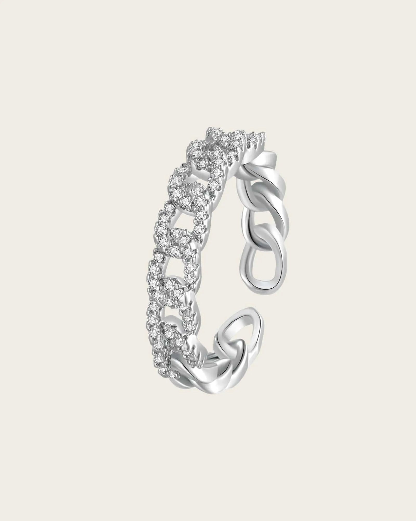 Cubic Zirconia Studded Linked Chain Ring for women and girls, Sterling Silver,Size Adjustable.