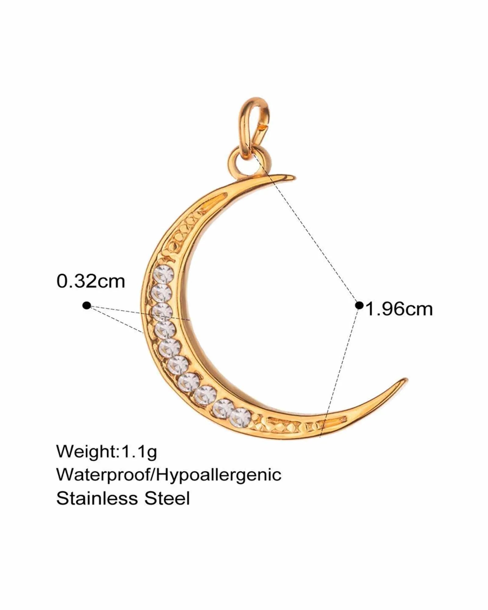 18K Gold Plated Stainless Steel Crescent Moon Pendant charm with Crystal Accents,