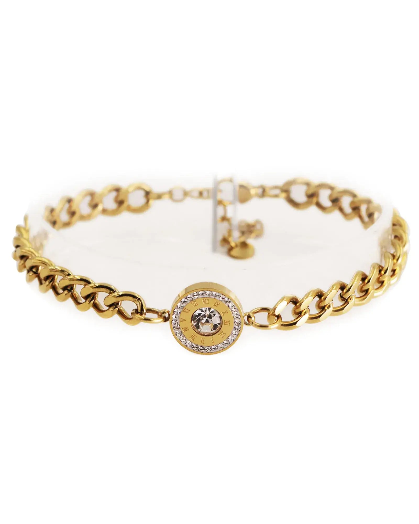 18k Gold Plated Stainless Steel Charm Bracelet, 17 cm, with Leaf and four Flower Charms, added Cubic Zirconia