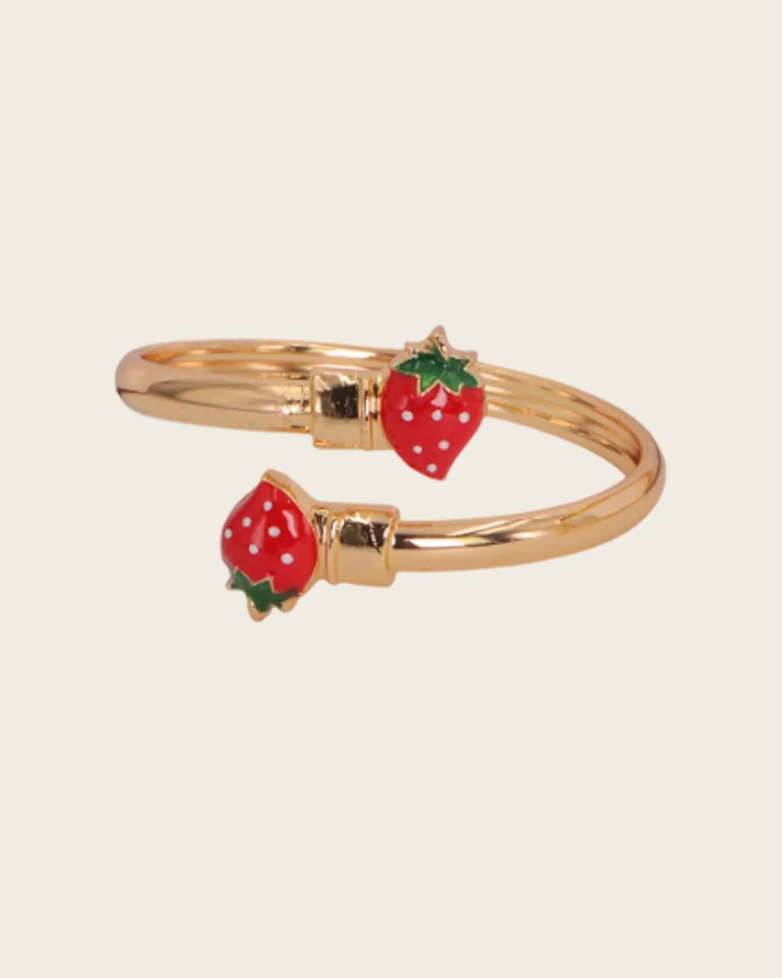 Adjustable Strawberry Charm Bangle Bracelet, Gold color, Red and Green Enamel,kids gift, kids bracelet for girls