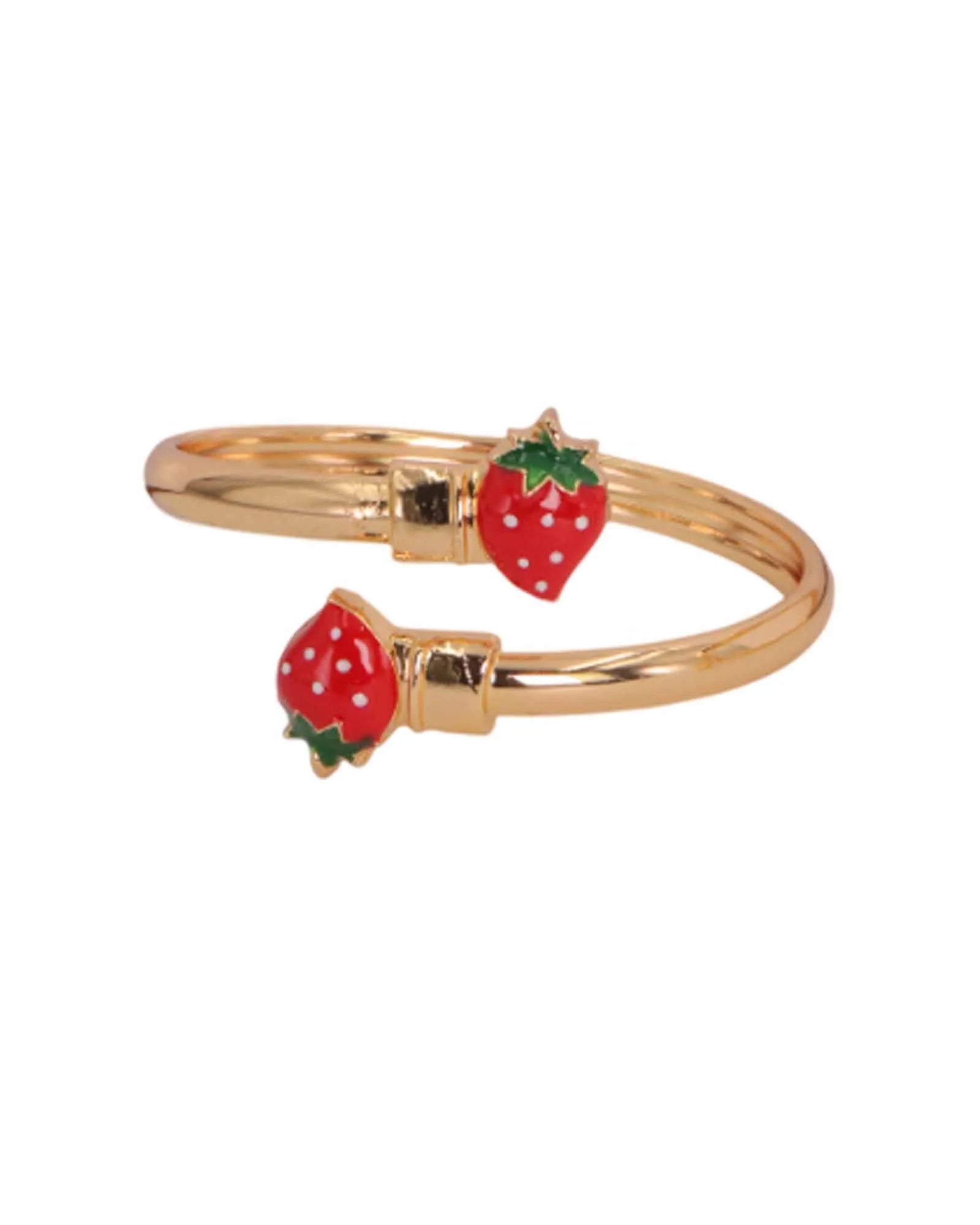 Adjustable Strawberry Charm Bangle Bracelet, Gold color, Red and Green Enamel,kids gift, kids bracelet for girls