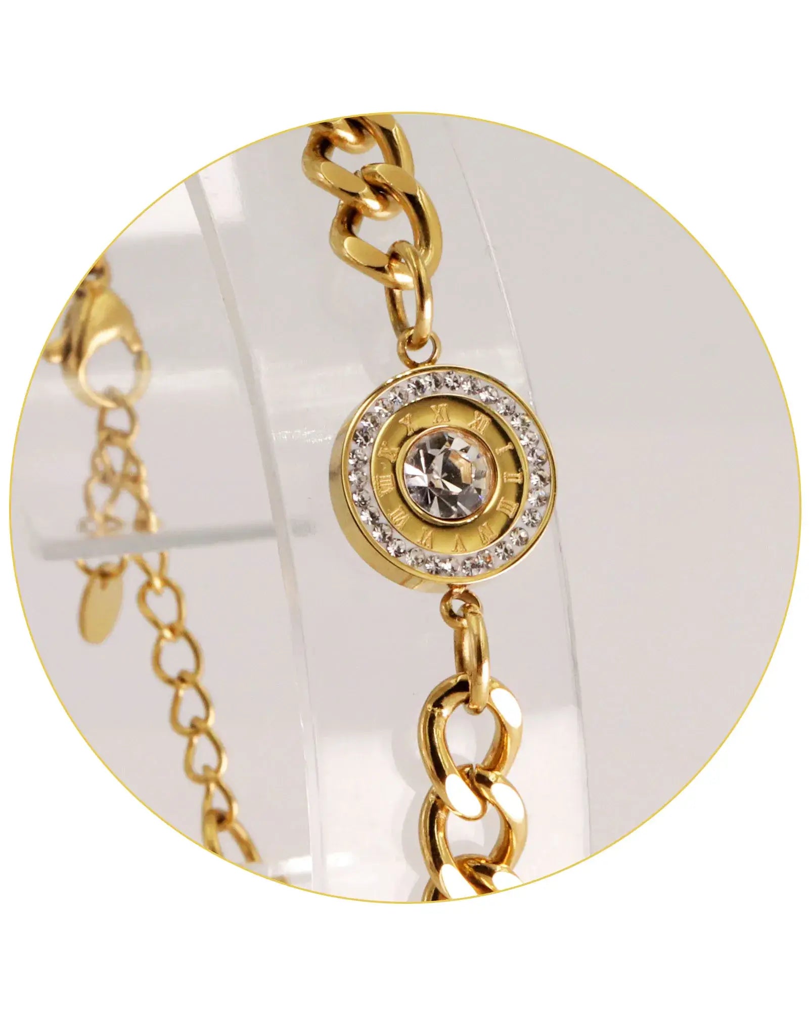 18k Gold Plated Stainless Steel Charm Bracelet, 17 cm, with Leaf and four Flower Charms, added Cubic Zirconia