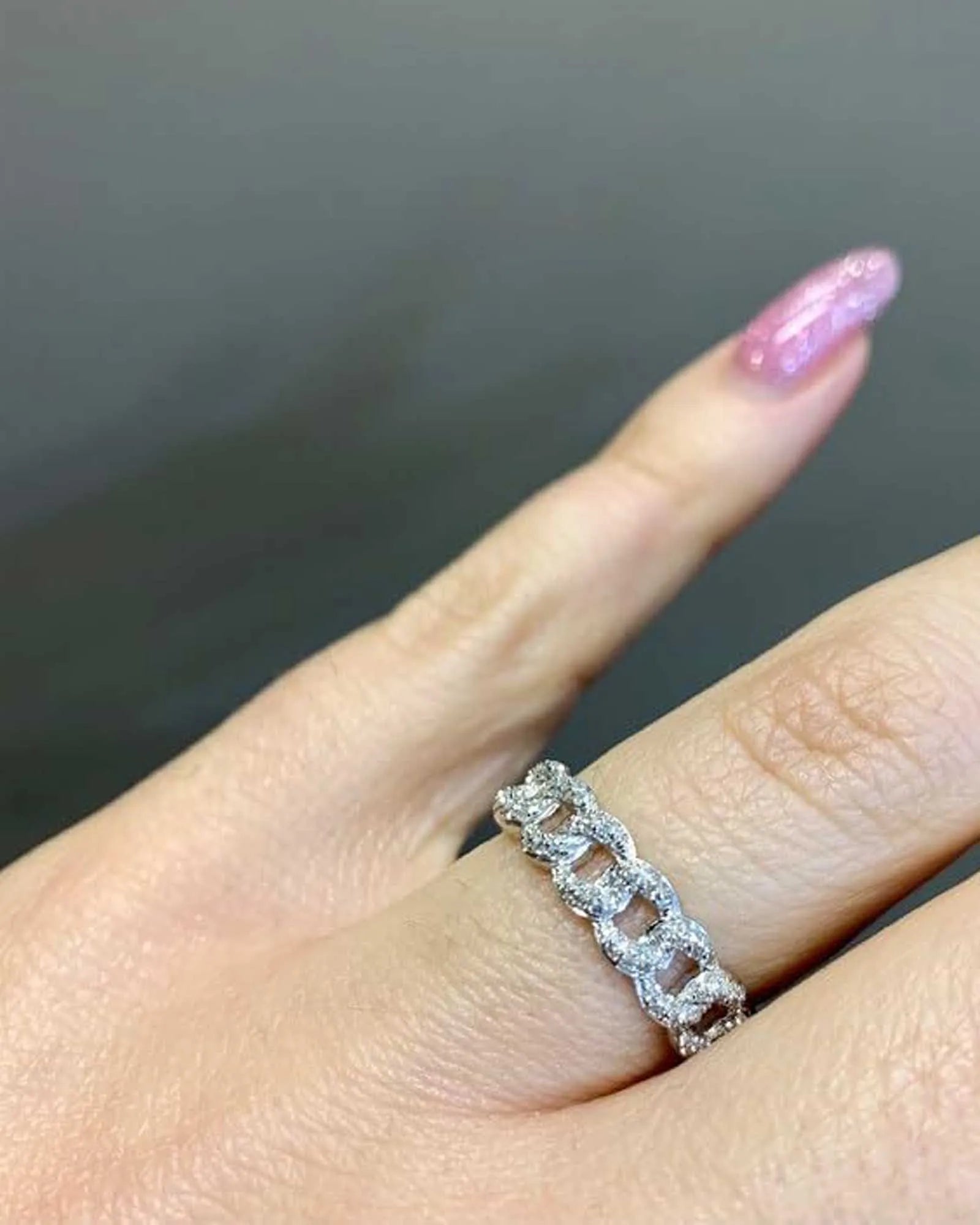 Cubic Zirconia Studded Linked Chain Ring for women and girls, Sterling Silver,Size Adjustable.